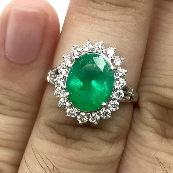 COLOMBIAN! 3.54CTW EMERALD & Diamonds in 18K solid white gold ring engagement