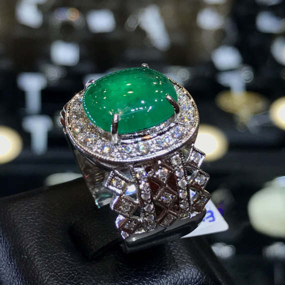 ART DECO 4.88TCW. Colombian Emerald & Diamonds in 18k solid handcrafted ring engagement wedding cabochon