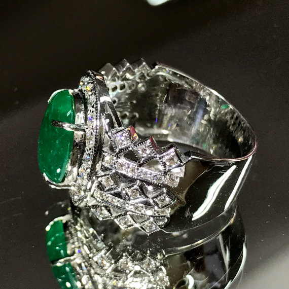 ART DECO 4.88TCW. Colombian Emerald & Diamonds in 18k solid handcrafted ring engagement wedding cabochon