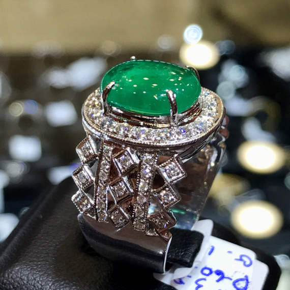 ART DECO 4.88TCW. Colombian Emerald & Diamonds in 18k solid handcrafted ring engagement wedding cabochon