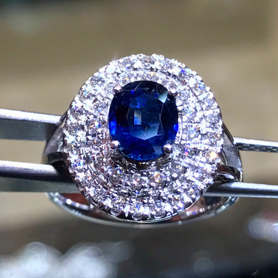 ROYAL 1.56TCW Blue Sapphire & Diamonds in 18K solid handmade white gold ring engagement ceylon