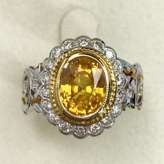 Natural 3.07TCW Yellow Sapphire & Diamonds in 18K solid white yellow gold handmade ring engagement natural