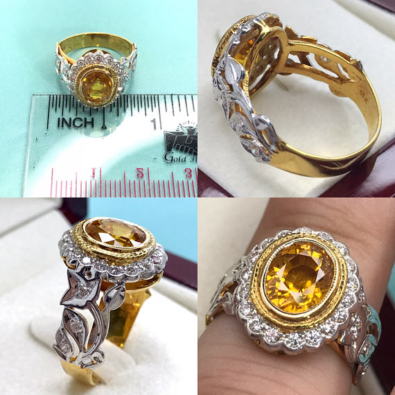 Natural 3.07TCW Yellow Sapphire & Diamonds in 18K solid white yellow gold handmade ring engagement natural