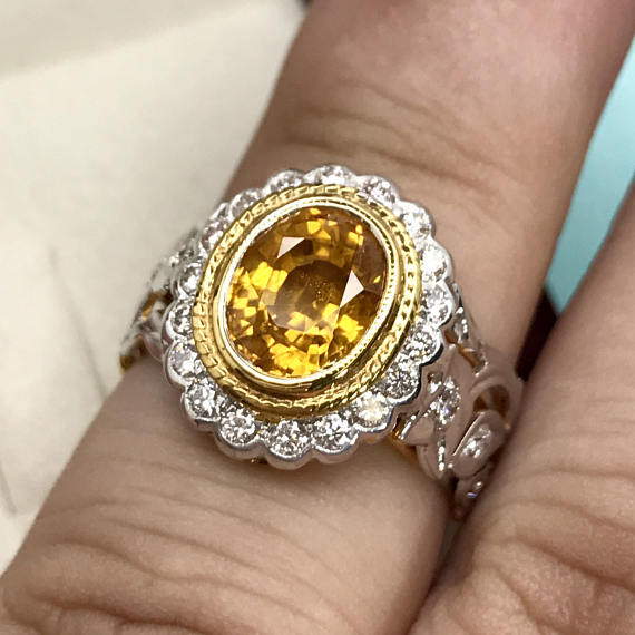 Natural 3.07TCW Yellow Sapphire & Diamonds in 18K solid white yellow gold handmade ring engagement natural