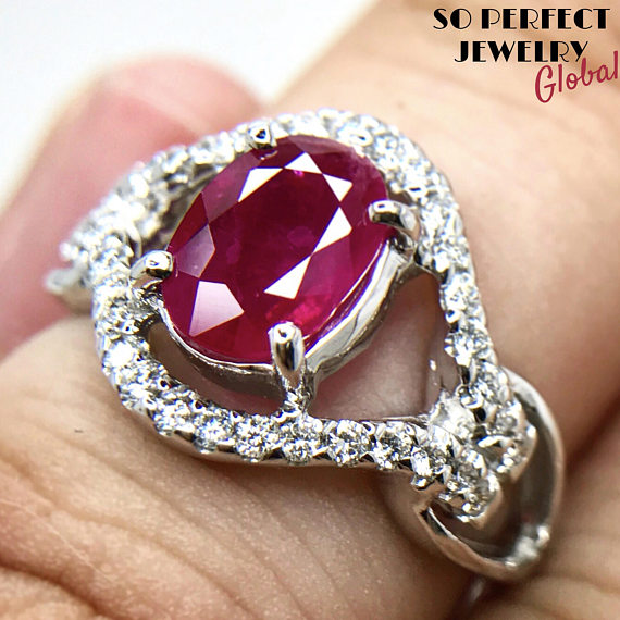 BURMESE RED 1.71TCW Natural Ruby & Diamonds in 18K solid white gold ring engagement BURMA certified wedding