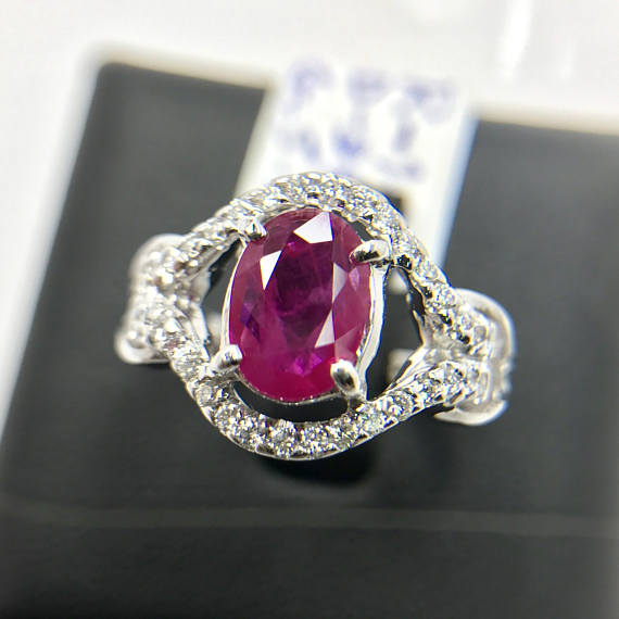 BURMESE RED 1.71TCW Natural Ruby & Diamonds in 18K solid white gold ring engagement BURMA certified wedding