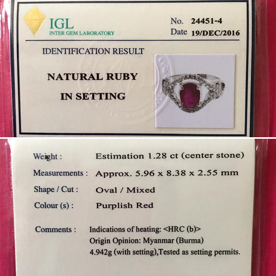 BURMESE RED 1.71TCW Natural Ruby & Diamonds in 18K solid white gold ring engagement BURMA certified wedding