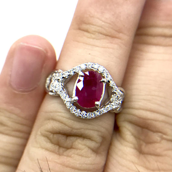 BURMESE RED 1.71TCW Natural Ruby & Diamonds in 18K solid white gold ring engagement BURMA certified wedding