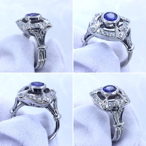 1.51ct. Ceylon Blue Sapphire & Diamonds in 18K solid gold ring engagement vintage style natural