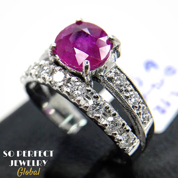 BURMESE RED 1.71TCW Natural Ruby & Diamonds in 18K solid white gold ring engagement bridal set BURMA wedding band