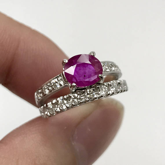 BURMESE RED 1.71TCW Natural Ruby & Diamonds in 18K solid white gold ring engagement bridal set BURMA wedding band