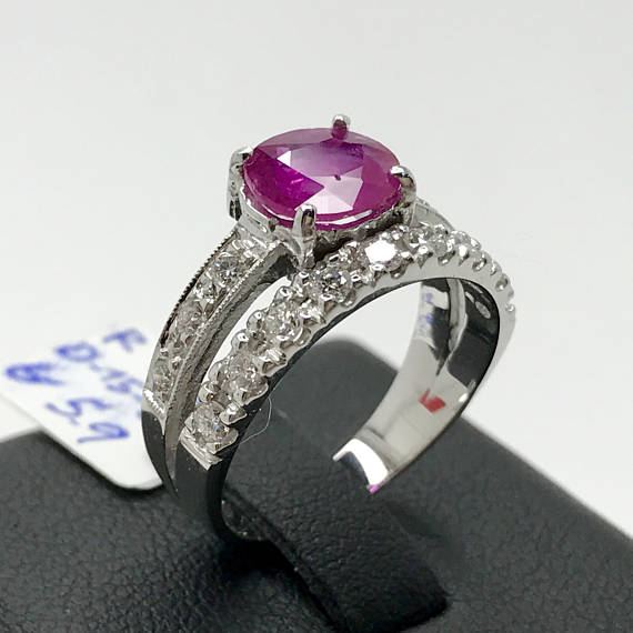 BURMESE RED 1.71TCW Natural Ruby & Diamonds in 18K solid white gold ring engagement bridal set BURMA wedding band