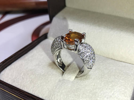 Natural 6.86TCW Orange Sapphire & Diamonds in 18K solid white gold handmade ring engagement