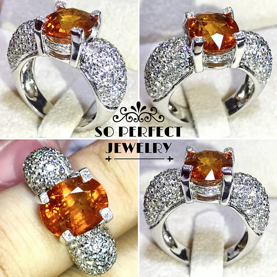 Natural 6.86TCW Orange Sapphire & Diamonds in 18K solid white gold handmade ring engagement