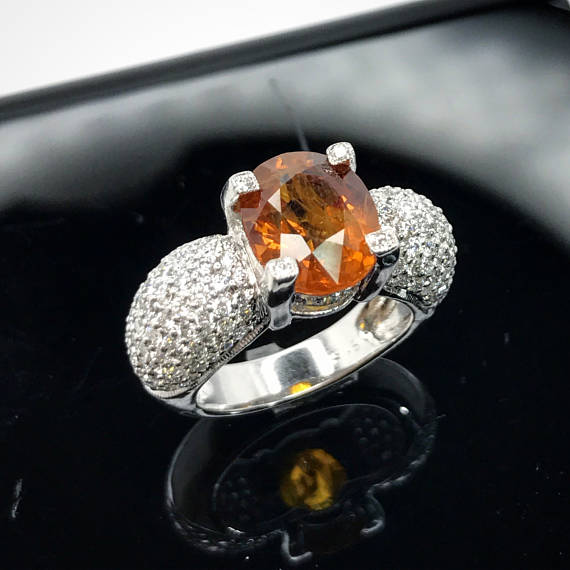 Natural 6.86TCW Orange Sapphire & Diamonds in 18K solid white gold handmade ring engagement