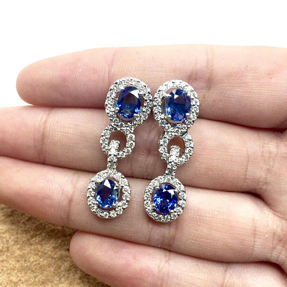 STUNNING 4.70TCW CEYLON Blue Sapphire & diamonds in 18K solid white gold earrings natural