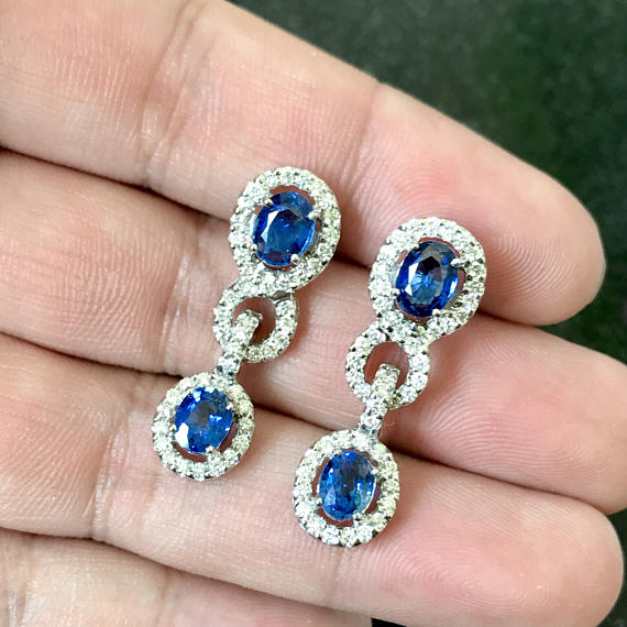 STUNNING 4.70TCW CEYLON Blue Sapphire & diamonds in 18K solid white gold earrings natural