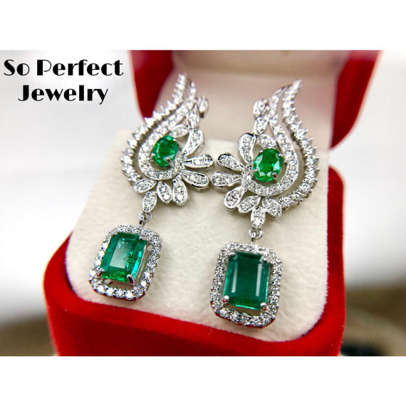 PARTY-READY 7.14TCW Emeralds & Diamonds in 18K solid white gold earrings