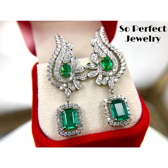 PARTY-READY 7.14TCW Emeralds & Diamonds in 18K solid white gold earrings