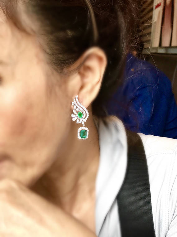 PARTY-READY 7.14TCW Emeralds & Diamonds in 18K solid white gold earrings