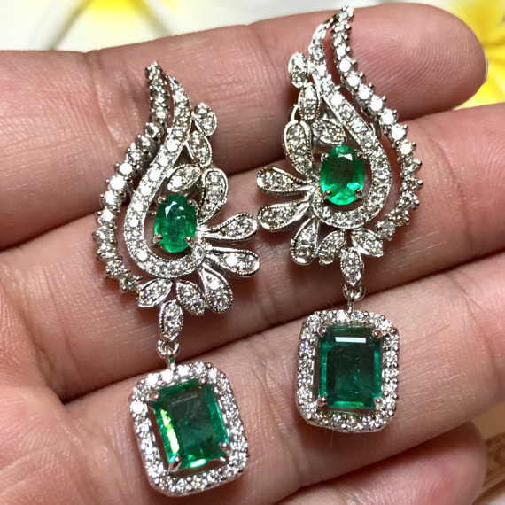 PARTY-READY 7.14TCW Emeralds & Diamonds in 18K solid white gold earrings