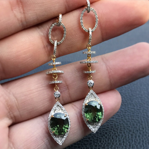 NATURAL 7.20 TCW Green sapphire & Diamonds 18k Solid Gold handmade earring art deco ceylon