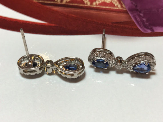 STUNNING 2.64TCW CEYLON Blue Sapphire & diamonds in 18K solid white gold handmade earrings