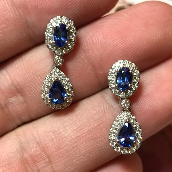 STUNNING 2.64TCW CEYLON Blue Sapphire & diamonds in 18K solid white gold handmade earrings