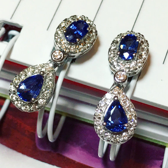 STUNNING 2.64TCW CEYLON Blue Sapphire & diamonds in 18K solid white gold handmade earrings