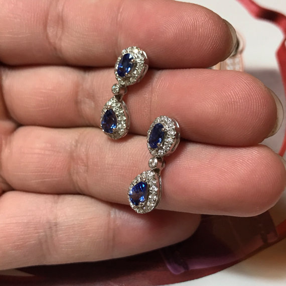 STUNNING 2.64TCW CEYLON Blue Sapphire & diamonds in 18K solid white gold handmade earrings