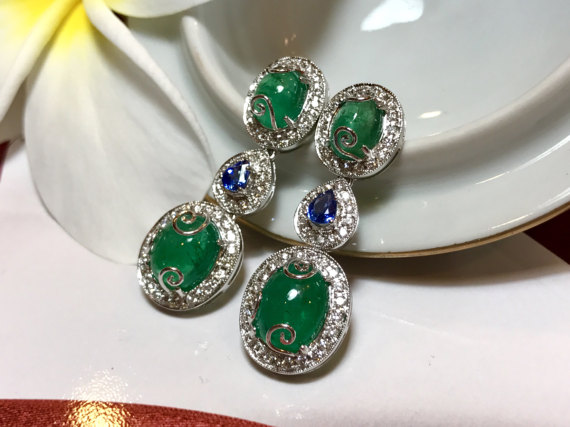 One of a kind 14.74TCW Emeralds Blue Sapphires & Diamonds in 18K solid white gold earrings handmade chandelier