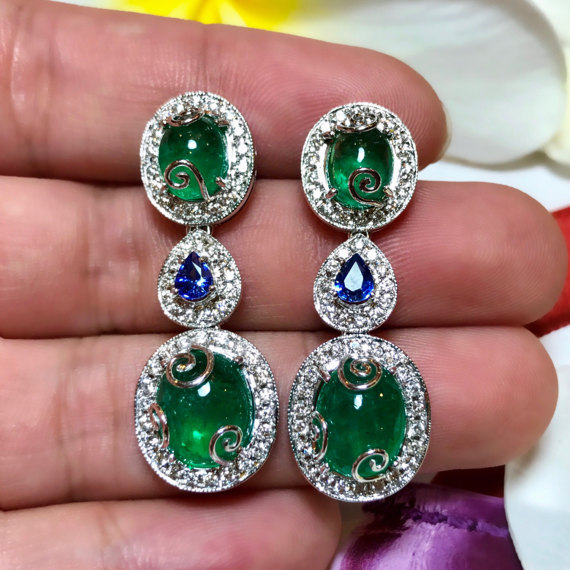 One of a kind 14.74TCW Emeralds Blue Sapphires & Diamonds in 18K solid white gold earrings handmade chandelier