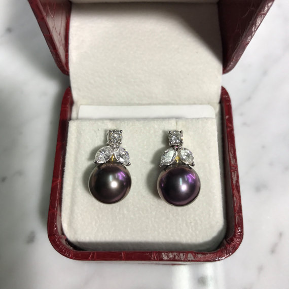 10.5 TAHITI South Sea Pearls & 1.50cts Diamonds In 18K Solid white Gold Earrings black purple rare