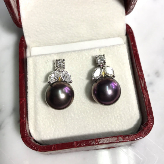 10.5 TAHITI South Sea Pearls & 1.50cts Diamonds In 18K Solid white Gold Earrings black purple rare