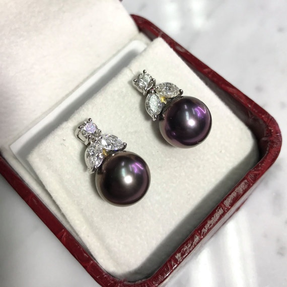 10.5 TAHITI South Sea Pearls & 1.50cts Diamonds In 18K Solid white Gold Earrings black purple rare