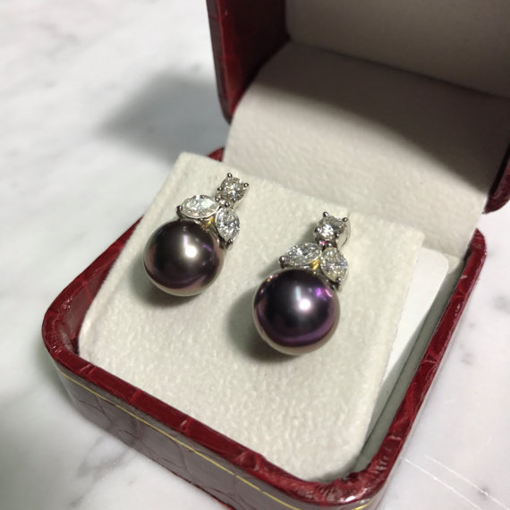 10.5 TAHITI South Sea Pearls & 1.50cts Diamonds In 18K Solid white Gold Earrings black purple rare