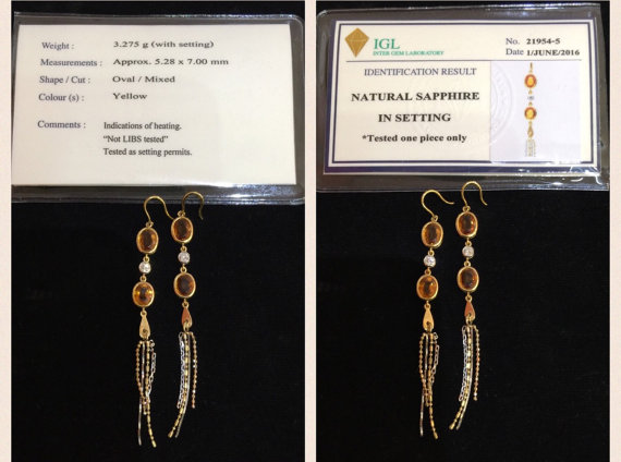 6.92ct. Thai Yellow Sapphires & VS Diamonds in handmade 18K solid gold earrings hooks