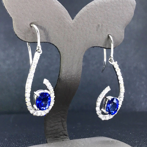 GORGEOUS 4.33TCW CEYLON Blue Sapphire & VVS Diamonds in 18K solid white gold earrings drop dangle handmade