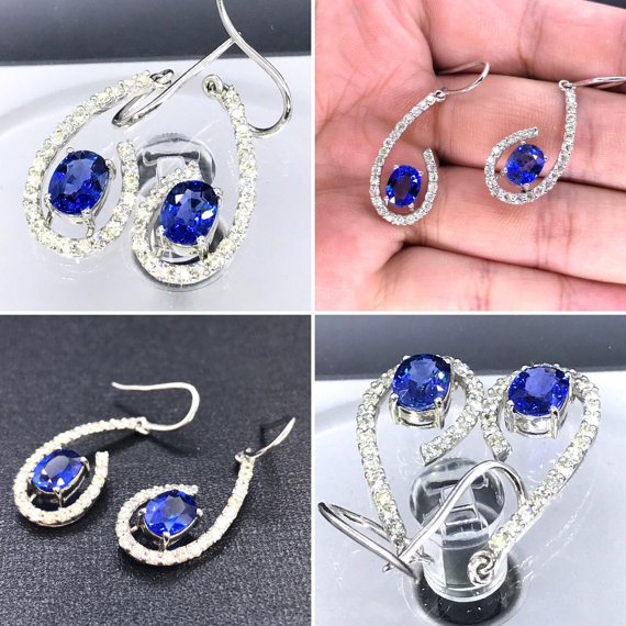 GORGEOUS 4.33TCW CEYLON Blue Sapphire & VVS Diamonds in 18K solid white gold earrings drop dangle handmade