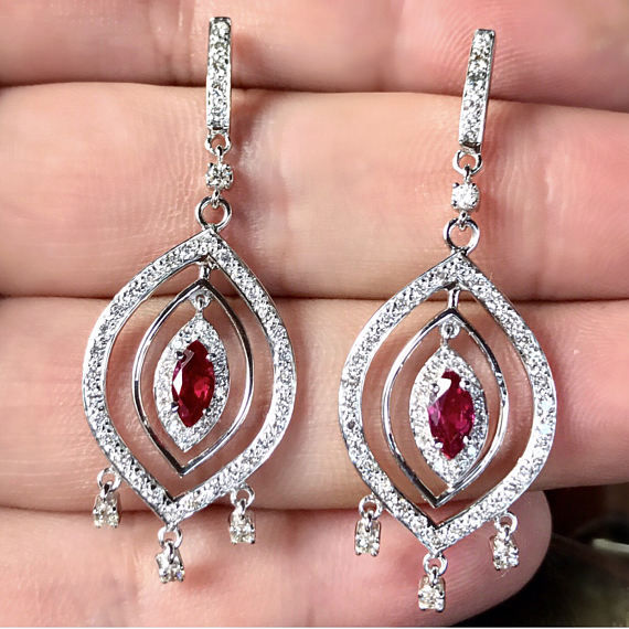 SIAMESE! 2.27TCW Ruby & Diamonds in 18K solid handmade white gold earrings pigeon blood red siam dangling