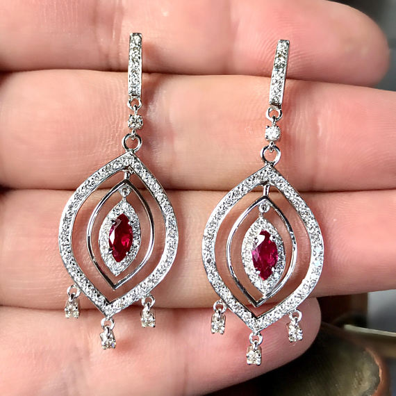 SIAMESE! 2.27TCW Ruby & Diamonds in 18K solid handmade white gold earrings pigeon blood red siam dangling