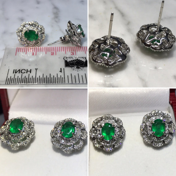 WOW! 2.05TCW Emerald & VS Diamonds in 18K solid white gold earrings studs natural