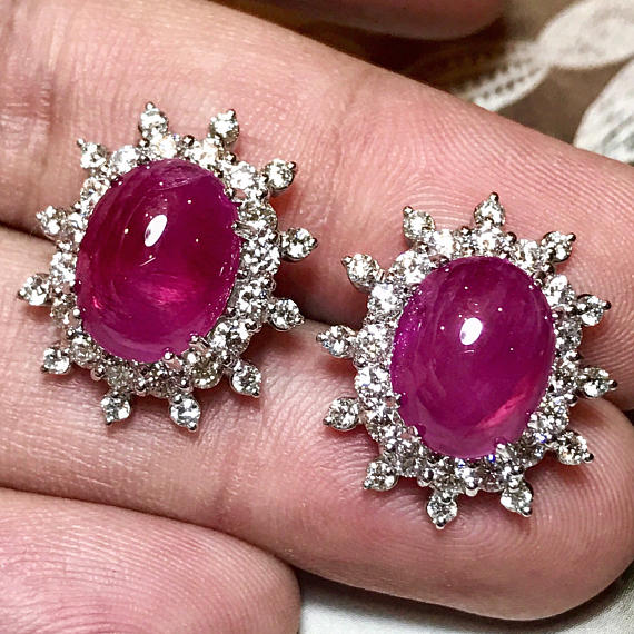 Huge 14.68 BURMESE RUBY & Diamonds in 18K solid white gold earrings studs natural burma