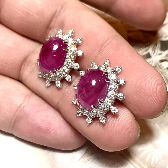 Huge 14.68 BURMESE RUBY & Diamonds in 18K solid white gold earrings studs natural burma