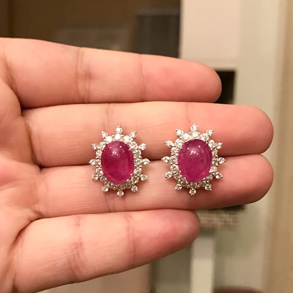 Huge 14.68 BURMESE RUBY & Diamonds in 18K solid white gold earrings studs natural burma