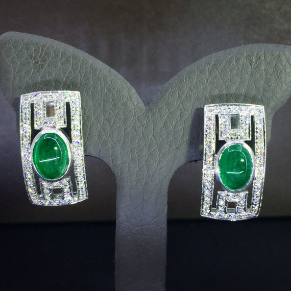 Art-Deco 3.03TCW Colombian Emeralds & Diamonds in handmade 18K solid WHITE gold earrings