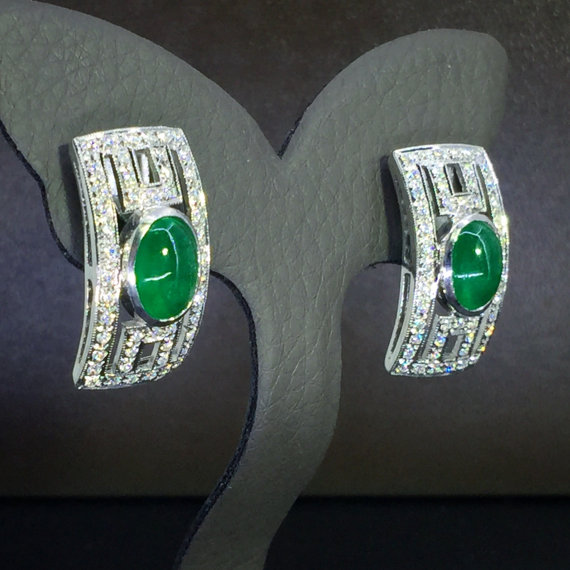 Art-Deco 3.03TCW Colombian Emeralds & Diamonds in handmade 18K solid WHITE gold earrings