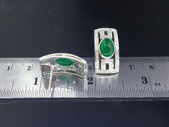 Art-Deco 3.03TCW Colombian Emeralds & Diamonds in handmade 18K solid WHITE gold earrings