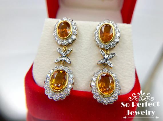 GOLDEN! 9.65TCW Yellow Sapphire & Diamonds in 18K solid handmade yellow gold earrings