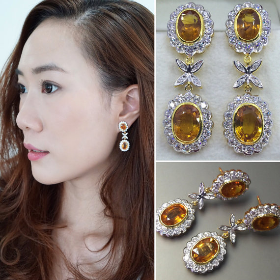 GOLDEN! 9.65TCW Yellow Sapphire & Diamonds in 18K solid handmade yellow gold earrings